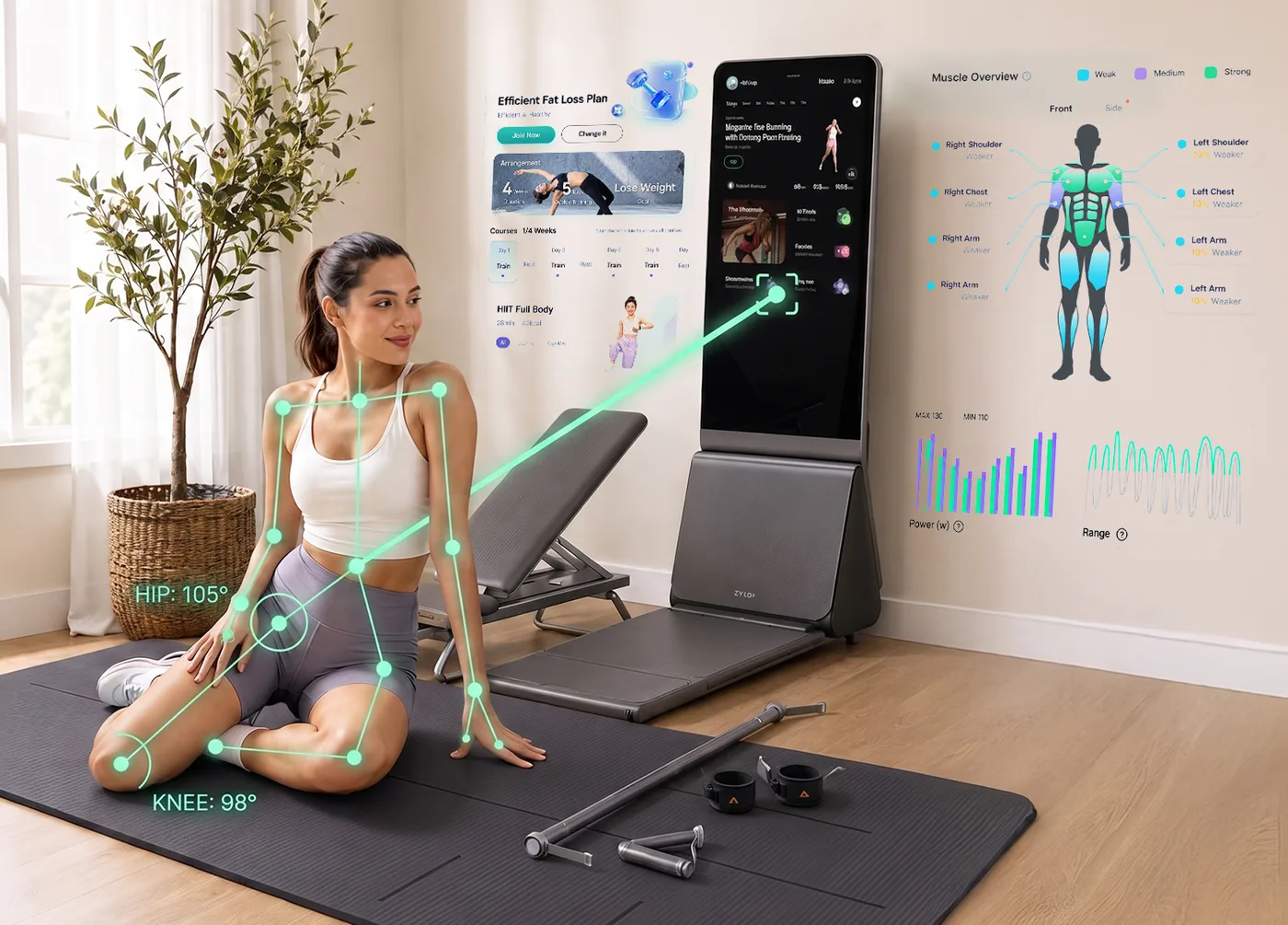 A woman training at home beside the ZYLO K1, with the system's skeletal tracking overlay reading her hip and knee angles and the wall display showing her muscle map and power output.
