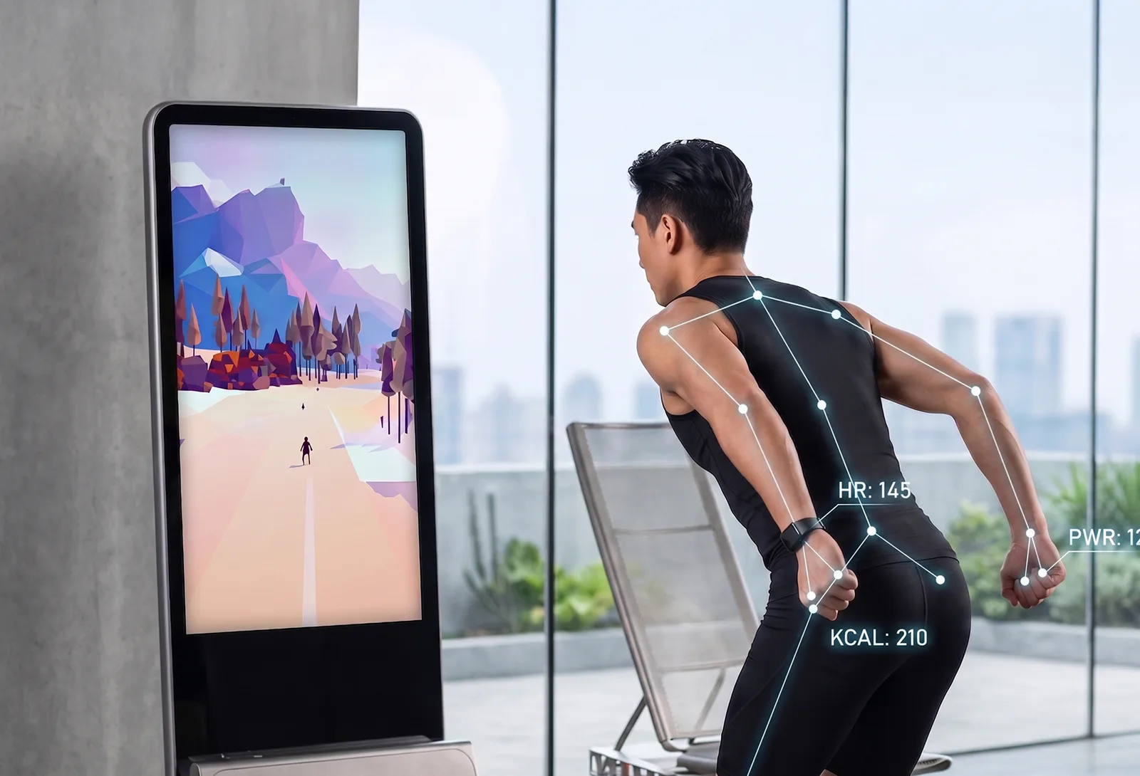 Training with an on-screen ZYLO motion game and live heart-rate, calorie, and power readouts