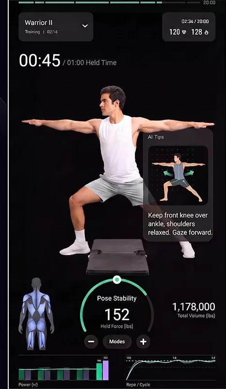 Real-time AI form tips during a Warrior II hold