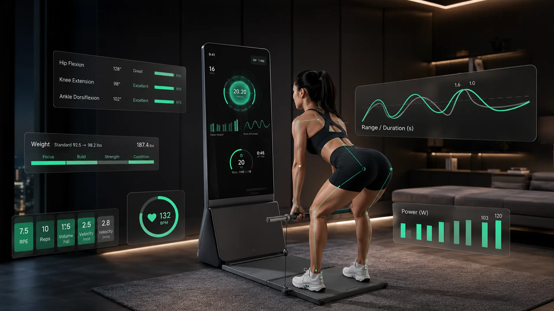 AI motion tracking during a barbell lift, with live joint-angle, load, heart-rate and power readouts